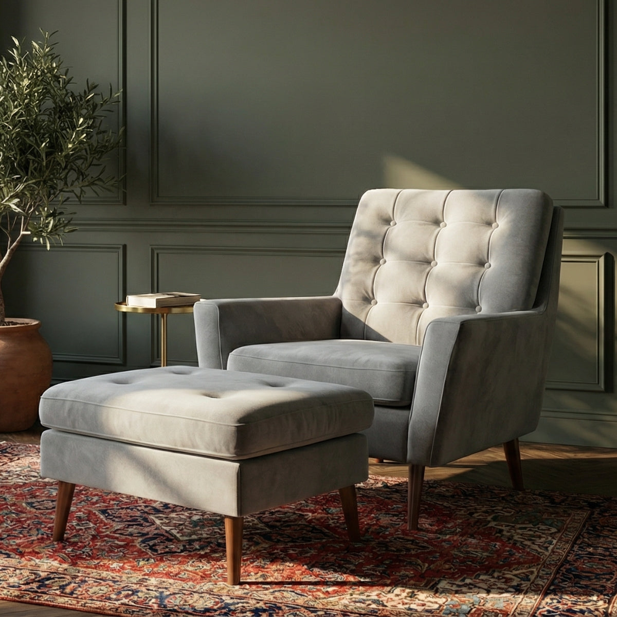 The Burford Mid-Century Armchair & Ottoman Set in Arctic Pearl