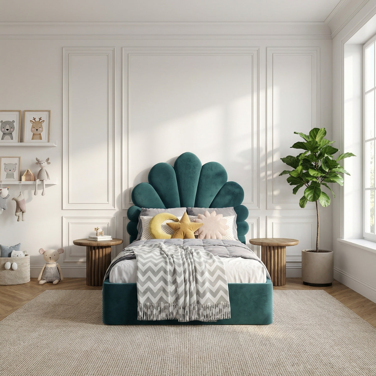 The Menton Children's Upholstered Bed in Aegean Emerald
