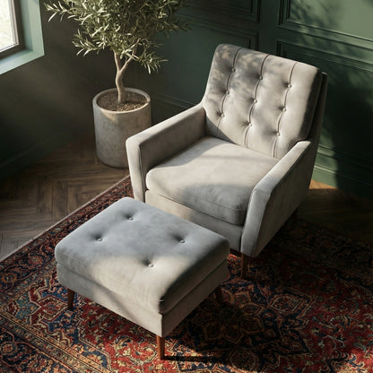 The Burford Mid-Century Armchair & Ottoman Set in Arctic Pearl