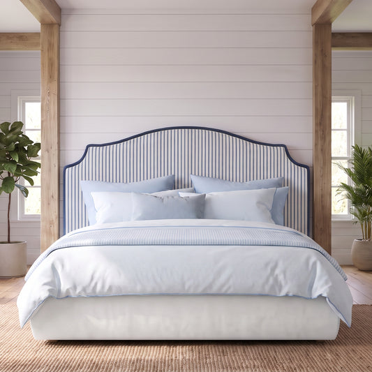 Hamptons Scalloped Headboard Bed with Blue Ticking Stripe