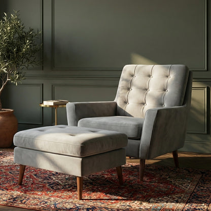 The Burford Mid-Century Armchair & Ottoman Set in Arctic Pearl