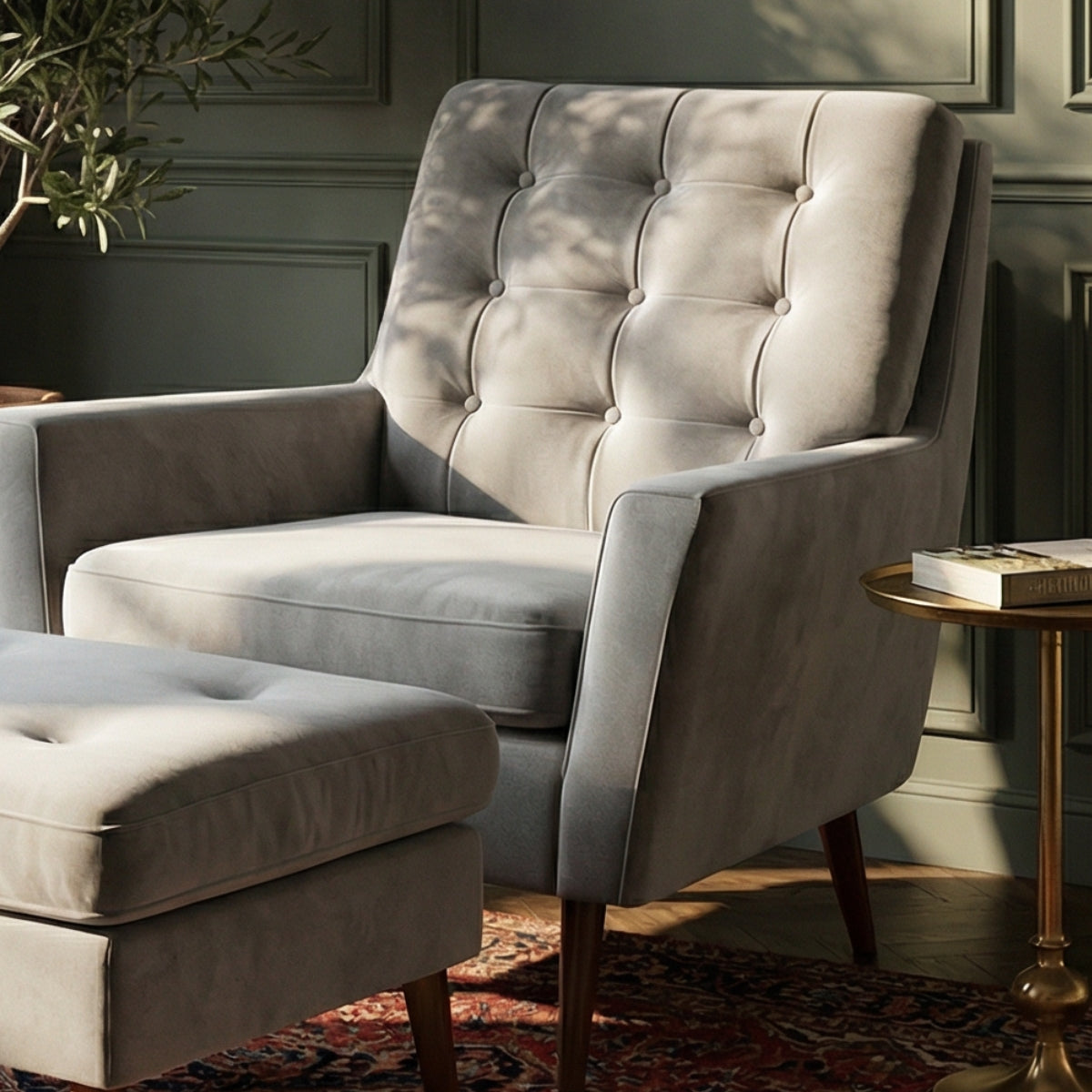 The Burford Mid-Century Armchair & Ottoman Set in Arctic Pearl
