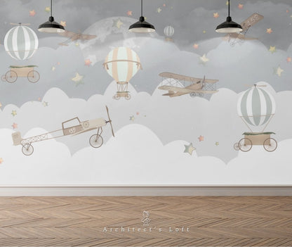 Balloons and Planes Nursery Wallpaper