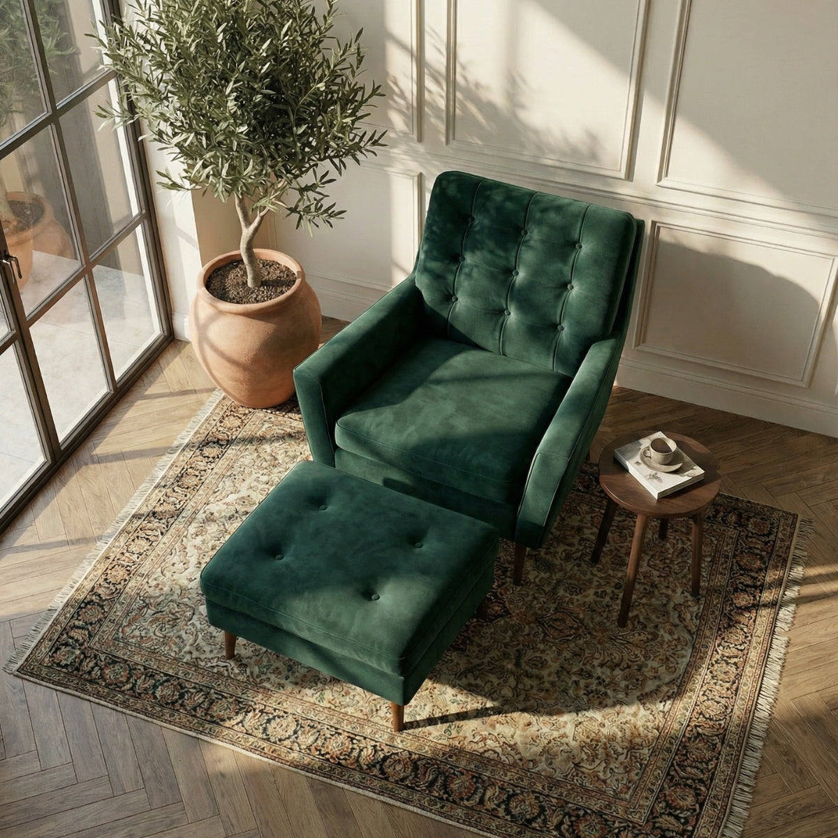 The Burford Mid-Century Armchair & Ottoman Set in Oxford Green