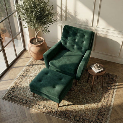 The Burford Mid-Century Armchair & Ottoman Set in Oxford Green