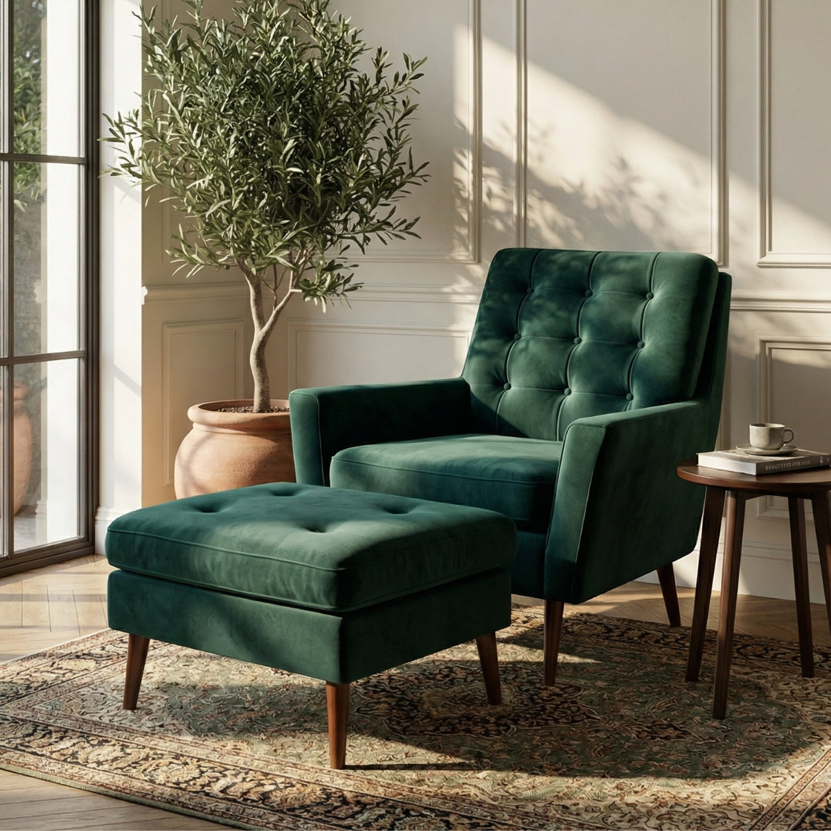 The Burford Mid-Century Armchair & Ottoman Set in Oxford Green