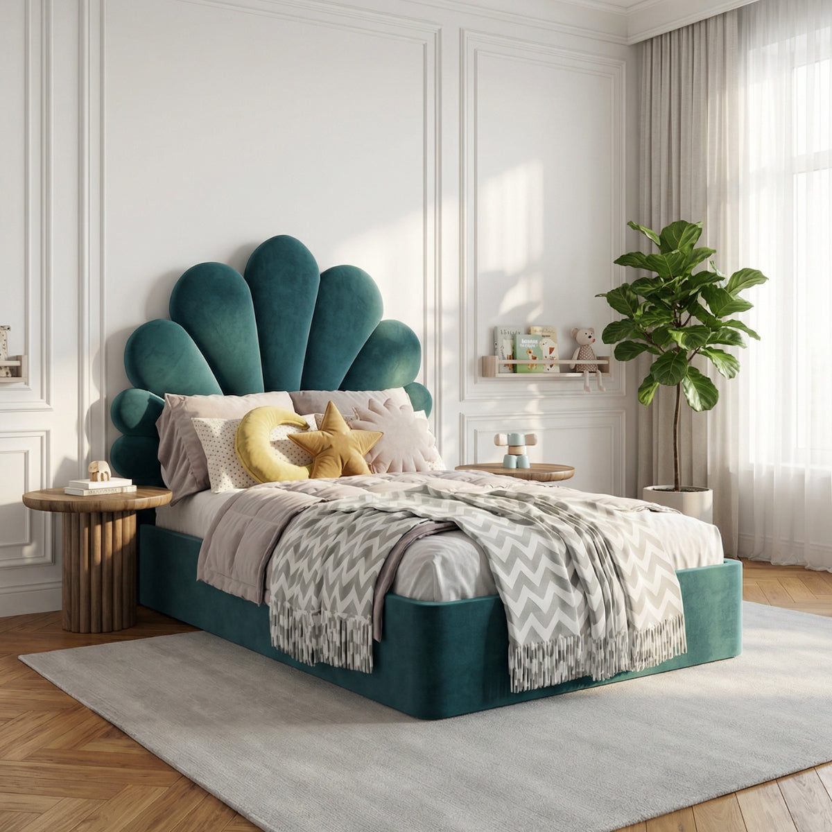 The Menton Children's Upholstered Bed in Aegean Emerald