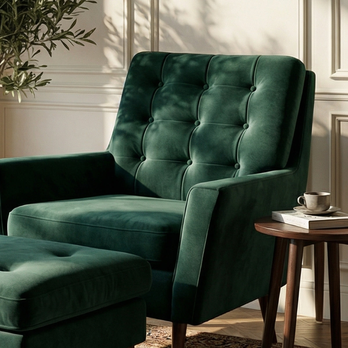 The Burford Mid-Century Armchair & Ottoman Set in Oxford Green