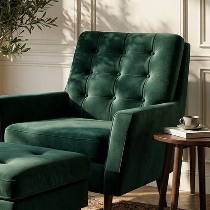 The Burford Mid-Century Armchair & Ottoman Set in Oxford Green