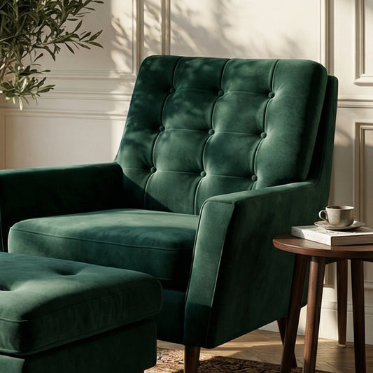 The Burford Mid-Century Armchair & Ottoman Set in Oxford Green