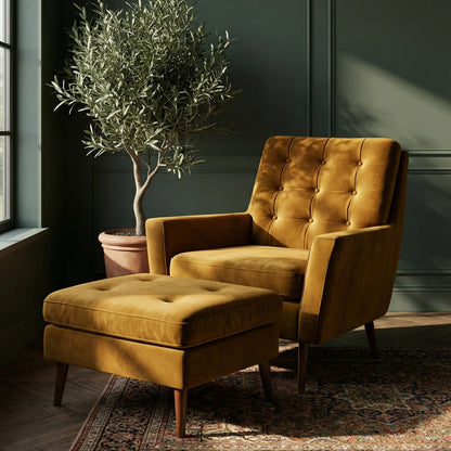 The Burford Mid-Century Armchair & Ottoman Set in Basilica Gold