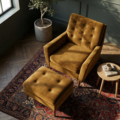 The Burford Mid-Century Armchair & Ottoman Set in Basilica Gold