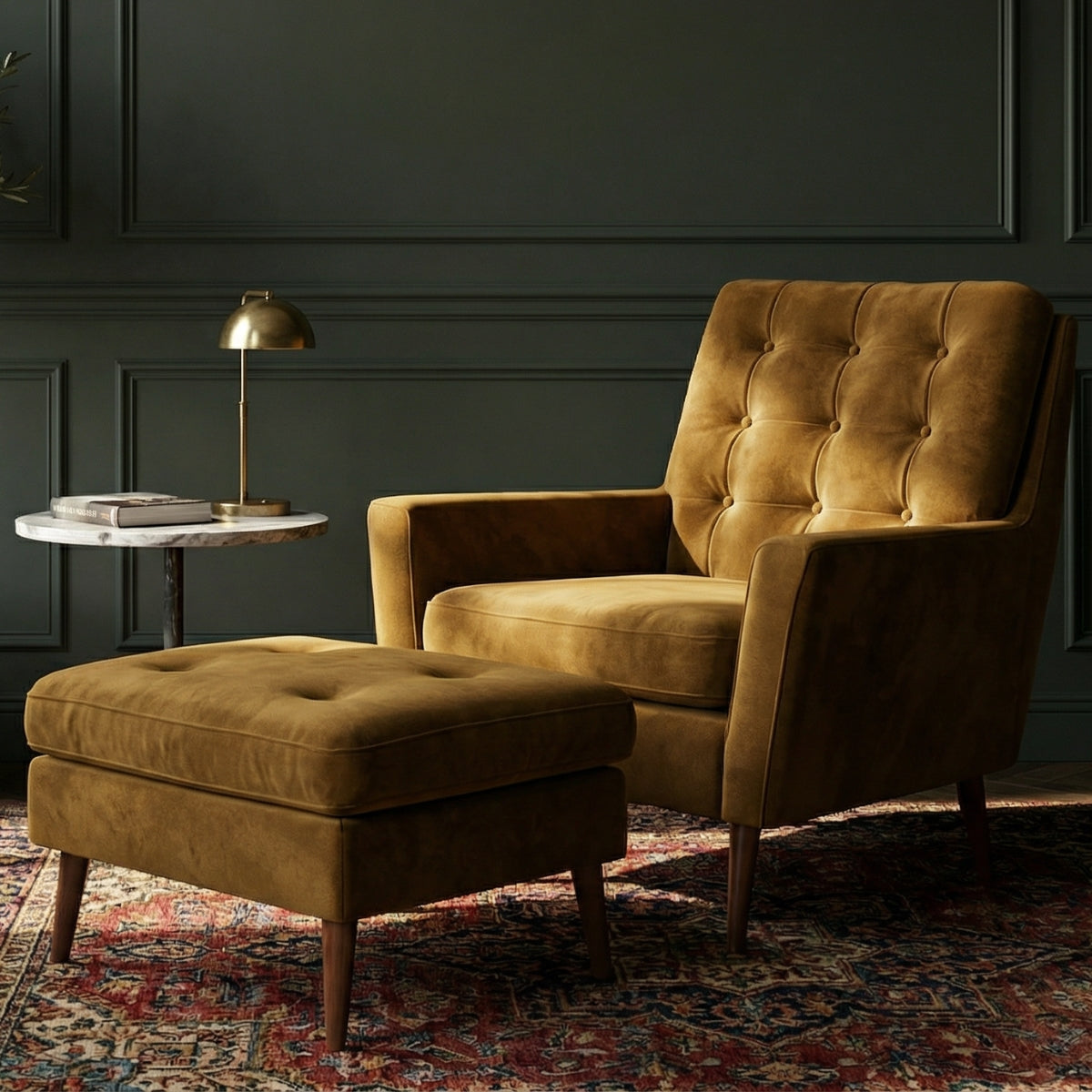 The Burford Mid-Century Armchair & Ottoman Set in Basilica Gold